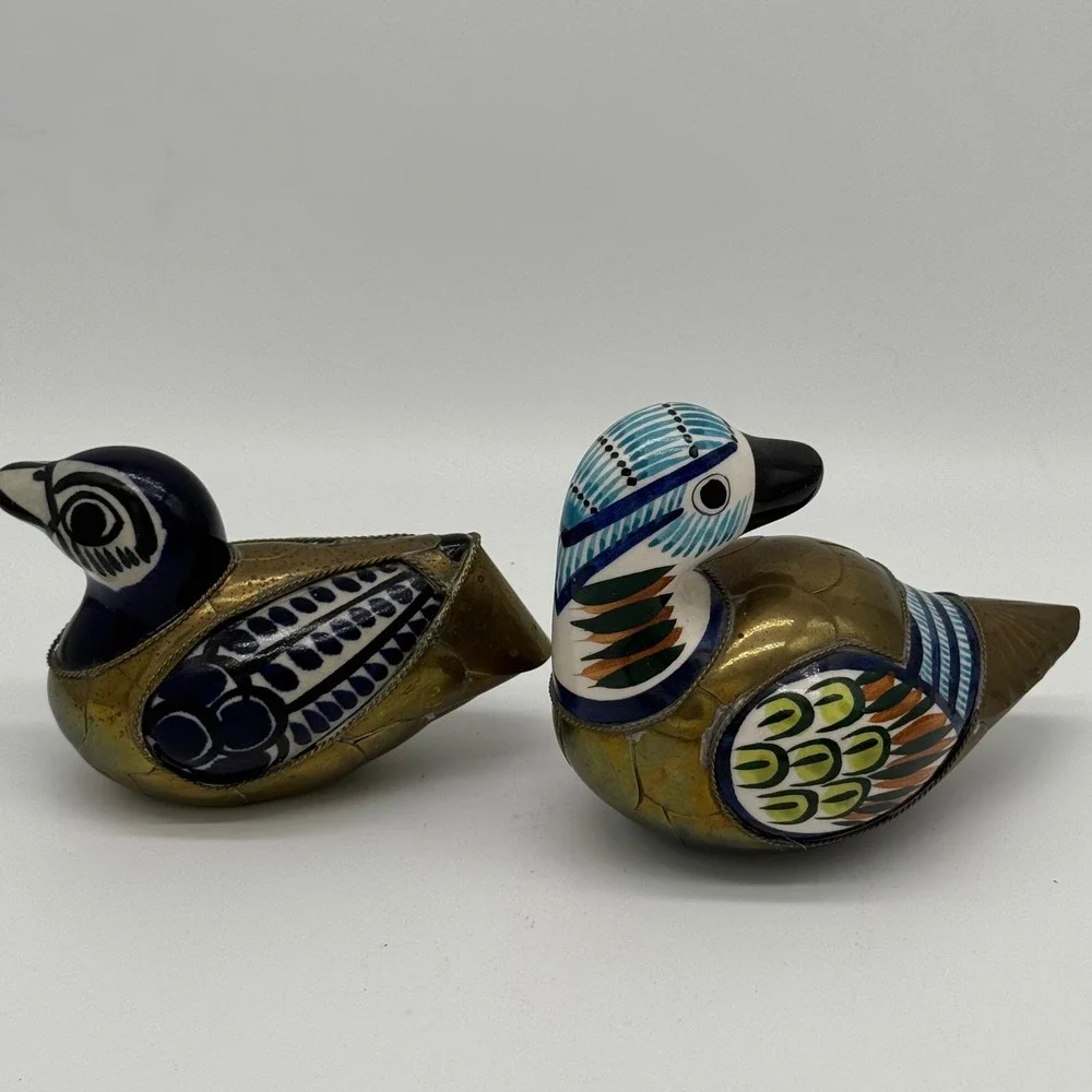 Vtg Tonala Mexico Brass Armored Duck Figurine Pair Set Mixed Media Folk Art 2pc